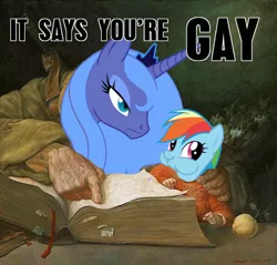 Size: 640x612 | Tagged: classic art, derpibooru import, edit, gay, image macro, it says you're gay, male, meme, princess luna, rainbow dash, s1 luna, safe