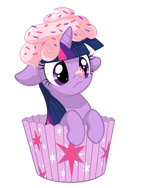 Size: 550x734 | Tagged: safe, artist:miikanism, derpibooru import, twilight sparkle, pony, unicorn, :<, confused, cross-eyed, cupcake, cute, cutie mark, female, floppy ears, food, frosting, frown, hnnng, leaning, mare, micro, ponies in food, simple background, solo, tiny ponies, transparent background, twiabetes, twilight sprinkle, vector