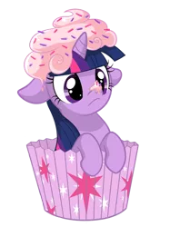 Size: 550x734 | Tagged: safe, artist:miikanism, derpibooru import, twilight sparkle, pony, unicorn, :<, confused, cross-eyed, cupcake, cute, cutie mark, female, floppy ears, food, frosting, frown, hnnng, leaning, mare, micro, ponies in food, simple background, solo, tiny ponies, transparent background, twiabetes, twilight sprinkle, vector