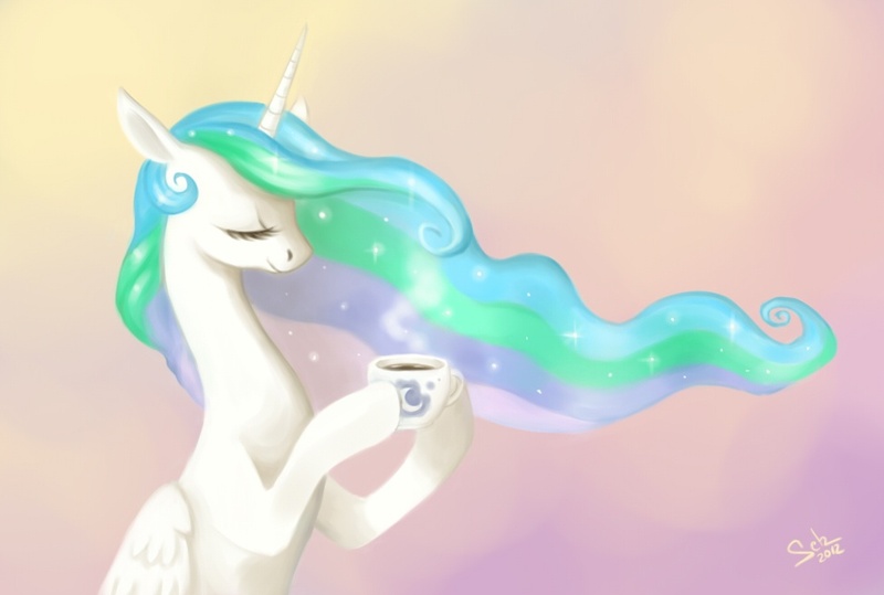 Size: 975x657 | Tagged: artist:scheadar, coffee, derpibooru import, princess celestia, safe, solo