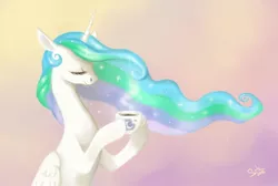 Size: 975x657 | Tagged: artist:scheadar, coffee, derpibooru import, princess celestia, safe, solo