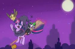 Size: 1800x1174 | Tagged: artist:imp-oster, broom, cape, catsuit, clothes, derpibooru import, flying, flying broomstick, full moon, hat, jack-o-lantern, kiki's delivery service, levitation, magic, moon, night, nightmare night, night sky, open mouth, owlowiscious, pumpkin, safe, scared, silly face, smiling, spike, stars, studio ghibli, telekinesis, tree, twilight sparkle, witch, witch hat