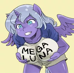 Size: 500x496 | Tagged: alicorn, ambiguous facial structure, anthro, artist:shepherd0821, big breasts, breast hold, breasts, busty princess luna, clothes, crazy smile, cropped, derpibooru import, female, mega luna, mega milk, mega pony, meme, princess luna, s1 luna, self grope, simple background, solo, solo female, stupid sexy princess luna, suggestive, titty monster meme, t-shirt, yellow background