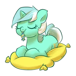 Size: 1106x1100 | Tagged: safe, artist:atryl, derpibooru import, lyra heartstrings, pony, unicorn, candy, cute, eyes closed, food, implied bon bon, lyrabetes, mouth hold, pillow, prone, solo