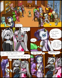 Size: 1199x1498 | Tagged: safe, artist:tt-n, derpibooru import, bon bon, derpy hooves, doctor whooves, lyra heartstrings, rarity, spike, sweetie drops, time turner, oc, oc:eir, anthro, dracony, hybrid, vampire, bipedal, comic, family, female, interspecies offspring, male, offspring, parent:rarity, parent:spike, parents:sparity, restaurant, shipping, sparity, straight, table, the blood era