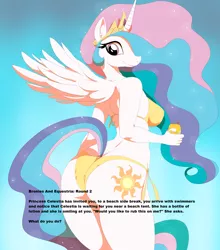 Size: 1452x1650 | Tagged: anthro, artist:sunibee, ass, bikini, breasts, clothes, derpibooru import, edit, female, looking at you, looking back, meta, praise the sun, princess celestia, sideboob, side-tie bikini, smiling, solo, solo female, suggestive, sunbutt, swimsuit, the ass was fat, thunder thighs, wide hips