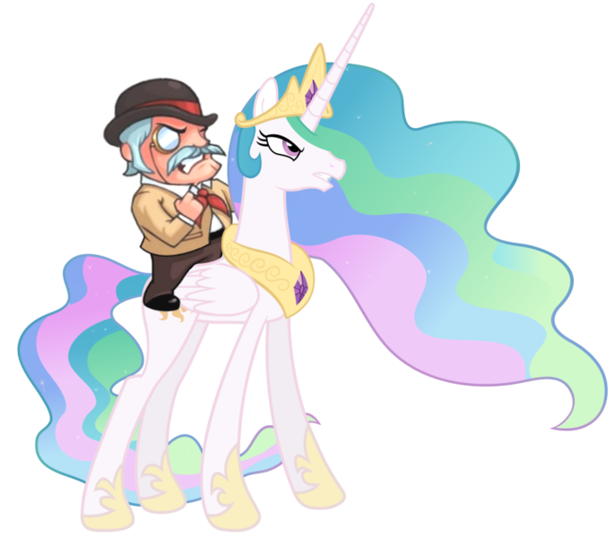 Size: 900x788 | Tagged: angry, artist:elbruno3593, britain, british, crossover, derpibooru import, henry hatsworth, henry hatsworth in the puzzling adventure, human, princess celestia, riding, safe, simple background, transparent background, vector