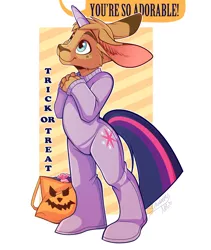 Size: 674x800 | Tagged: abstract background, artist:strawberryneko, bag, candy, costume, cute, derpibooru import, fake horn, floppy ears, food, footed sleeper, furry, fursuit, halloween, head tilt, looking up, safe, smiling, solo, speech bubble, text, twilight sparkle