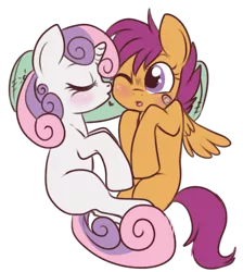 Size: 367x410 | Tagged: safe, artist:lulubell, derpibooru import, scootaloo, sweetie belle, pony, bandaid, blushing, cute, female, kiss on the cheek, kissing, lesbian, one eye closed, scootabelle, shipping, simple background, transparent background