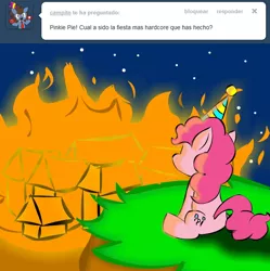 Size: 950x953 | Tagged: safe, artist:benja, derpibooru import, pinkie pie, ask-ask-the-ponies, fire, palindrome get, solo, spanish, tumblr