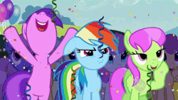 Size: 800x450 | Tagged: safe, derpibooru import, edit, edited screencap, screencap, amethyst star, cloud kicker, derpy hooves, dizzy twister, lemon hearts, merry may, orange swirl, rainbow dash, rainbowshine, sunshower raindrops, twinkleshine, pony, the mysterious mare do well, animated, bipedal, cheering, confetti, floppy ears, frown, glare, hub logo, open mouth, ping pong, pouting, reversed, smiling