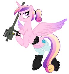 Size: 2772x2972 | Tagged: safe, artist:shadawg, derpibooru import, princess cadance, alicorn, pony, belt, boots, clothes, female, high res, hoof boots, military wife, missile launcher, ponytail, pouch, simple background, smiling, socks, stinger, transparent background, vector