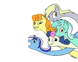 Size: 1000x800 | Tagged: dead source, safe, artist:conchelor, derpibooru import, bon bon, carrot top, derpy hooves, golden harvest, lyra heartstrings, minuette, sweetie drops, pegasus, pony, female, long neck, longbon, mare