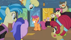 Size: 800x450 | Tagged: allie way, big wig, cherry berry, colter sobchak, derpibooru import, donny, grin, jeff letrotski, safe, sassaflash, scootaloo, screencap, seafoam, sea swirl, the cutie pox, theodore donald "donny" kerabatsos, twinkleshine