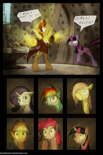 Size: 871x1300 | Tagged: applejack, artist:foxinshadow, comic, derpibooru import, doctor who, doctor whooves, fluttershy, i don't want to go, pinkie pie, rainbow dash, rarity, regeneration, safe, tardis, tenth doctor, the end of time, time turner, twilight sparkle