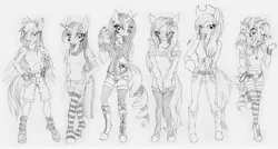 Size: 2947x1574 | Tagged: anthro, applejack, artist:volcanico, belly button, clothes, corset, derpibooru import, fluttershy, grayscale, hand on hip, mane six, midriff, monochrome, peace symbol, pinkie pie, rainbow dash, rarity, safe, skinny, sweater, sweatershy, traditional art, twilight sparkle