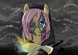 Size: 900x643 | Tagged: artist:cannotbeunseen, corvo attano, crossover, derpibooru import, dishonored, fluttershy, safe