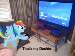 Size: 2592x1944 | Tagged: safe, artist:wincamxp, derpibooru import, rainbow dash, pony, game console, halo (series), halo 3, irl, nintendo, nintendo entertainment system, photo, playstation, playstation 2, ponies in real life, super nintendo, television, vector, xbox, xbox 360