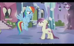 Size: 1024x640 | Tagged: safe, derpibooru import, screencap, fleur de verre, rainbow dash, crystal pony, pony, spoiler:s03, youtube caption