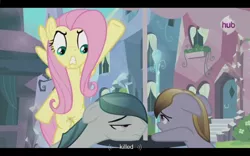 Size: 1024x640 | Tagged: safe, derpibooru import, screencap, amber waves, crystal arrow, crystal beau, fluttershy, crystal pony, pony, spoiler:s03, out of context, youtube caption