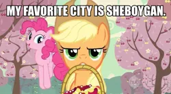 Size: 637x348 | Tagged: applejack, caption, cherry orchard, derpibooru import, edit, edited screencap, funny words, image macro, pinkie pie, safe, screencap, the last roundup