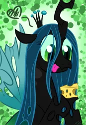 Size: 623x900 | Tagged: safe, artist:leibi97, derpibooru import, queen chrysalis, changeling, changeling queen, :p, cheese, cute, cutealis, eyes on the prize, female, heart, hoof hold, smiling, solo, tongue out