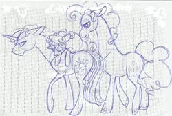 Size: 1280x858 | Tagged: safe, artist:spiderish, artist:spookerish, derpibooru import, pinkie pie, twilight sparkle, oc, oc:blueberry, horse, ballpoint pen, doodle, dusk shine, filly, gay, graph paper, lineart, lined paper, magical gay spawn, male, offspring, parent:bubble berry, parent:dusk shine, parent:pinkie pie, parent:twilight sparkle, parents:twinkie, pen drawing, rule 63, shipping, sketch, traditional art, twinkie