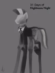 Size: 600x800 | Tagged: 31 days of nightmare night, clothes, costume, derpibooru import, gray background, grayscale, monochrome, nightmare night, no eyes, no face, safe, simple background, slenderman, slendermane, slenderpony, solo, stilts, suit, zebra, zecora
