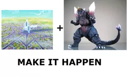 Size: 1055x643 | Tagged: all caps, crystal empire, derpibooru import, exploitable meme, games ponies play, godzilla (series), kaiju, make it happen, meme, meta, safe, spacegodzilla, spoiler:s03