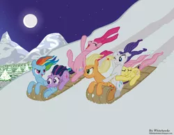 Size: 2064x1604 | Tagged: safe, artist:whitehawke, derpibooru import, applejack, derpy hooves, fluttershy, pinkie pie, rainbow dash, rarity, twilight sparkle, pegasus, pony, eyes closed, female, mane six, mare, moon, night, outdoors, sledding, snow, winter