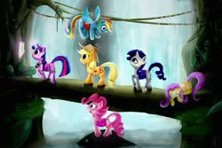 Size: 1500x1000 | Tagged: applejack, artist:subjectnumber2394, bag, bridge, derpibooru import, fluttershy, flying, jungle, levitation, magic, mane six, pinkie pie, rainbow dash, rarity, safe, twilight sparkle, water, waterfall