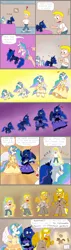 Size: 750x2637 | Tagged: safe, artist:glockens, derpibooru import, princess celestia, princess luna, oc, alicorn, anthro, human, pony, :o, anthro with ponies, breasts, cleavage, clothes, comic, confused, dress, female, frown, gritted teeth, happy, human to pony, levitation, magic, male, mare, open mouth, plushie, question mark, smiling, sound effects, spread wings, stallion, suit, surprised, telekinesis, transformation, wide eyes