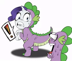 Size: 1000x839 | Tagged: safe, artist:blue-von, derpibooru import, rarity, spike, dragon, pony, unicorn, awkward, bipedal, caught, clothes, cosplay, costume, dragon costume, exclamation point, female, footed sleeper, mare, nosebleed, pajamas, shocked, spike costume, sweat, wild take