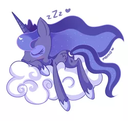 Size: 800x755 | Tagged: artist:ipun, cloud, derpibooru import, princess luna, safe, simple background, sleeping, solo, white background, zzz