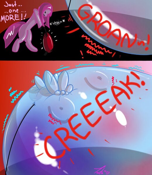 Size: 832x960 | Tagged: air pump, artist:toes, balloon, critical mass, derpibooru import, hose, imminent death, imminent popping, impossibly large, impossibly large belly, inflated wings, inflation, near bursting, pinkamena diane pie, pinkie pie, rainbow dash, stomach noise, suggestive, this will end in death, this will end in explosions