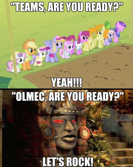 Size: 434x544 | Tagged: amethyst star, applecore, applejack, berry punch, berryshine, carrot top, cloud kicker, derpibooru import, dinky hooves, edit, edited screencap, female, golden harvest, image macro, legends of the hidden temple, noi, olmec, piña colada, safe, screencap, sisterhooves social, sisterly sparkler, sisters, sweetie belle