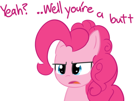 Size: 458x344 | Tagged: artist:bambooharvester, comeback, derpibooru import, dialogue, open mouth, pinkie pie, pinkie pie replies, reaction image, safe, simple background, solo, text, vulgar, white background