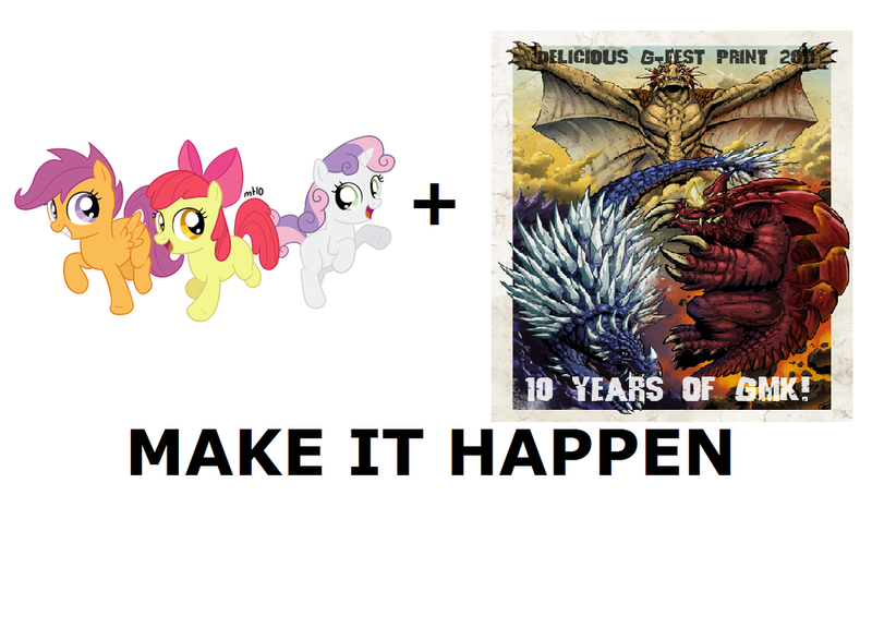 Size: 1001x734 | Tagged: safe, derpibooru import, apple bloom, scootaloo, sweetie belle, earth pony, kaiju, pegasus, pony, unicorn, all caps, anguirus, baragon, cutie mark crusaders, exploitable meme, looking at each other, make it happen, meme, meta, smiling, spread wings, varan, wings, yamato guardians