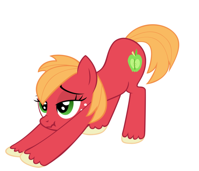 Size: 2157x1855 | Tagged: safe, artist:luckysmores, derpibooru import, big macintosh, earth pony, pony, exploitable meme, female, iwtcird, macareina, rule 63, scrunchy face, simple background, solo, stretching, transparent background