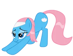 Size: 2415x1855 | Tagged: safe, artist:luckysmores, derpibooru import, lotus blossom, pony, exploitable meme, female, iwtcird, mare, scrunchy face, simple background, solo, stretching, transparent background