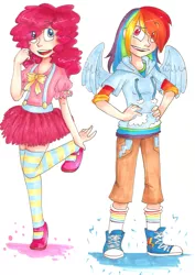 Size: 2148x3037 | Tagged: artist:mishachanx, converse, derpibooru import, high res, humanized, pinkie pie, rainbow dash, safe, shoes, winged humanization