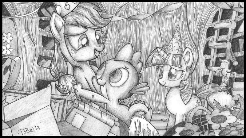 Size: 2189x1230 | Tagged: safe, artist:tobal13, derpibooru import, applejack, spike, twilight sparkle, applespike, female, hug, male, monochrome, scene interpretation, shipping, straight, traditional art