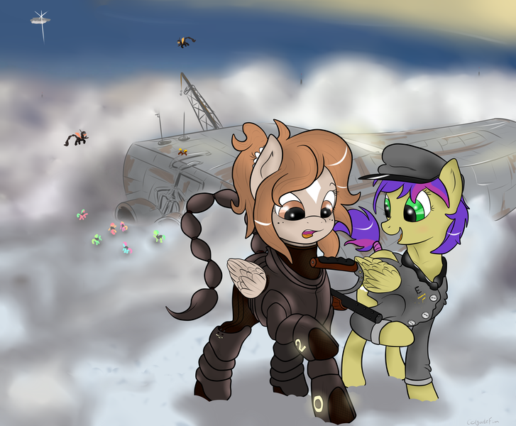 Size: 4000x3300 | Tagged: safe, artist:colgatefim, derpibooru import, oc, oc:sunset sherbet, unofficial characters only, pegasus, pony, fallout equestria, fanfic, armor, cloudship, enclave, enclave armor, enclave raptor, fallout, fanfic art, female, grand pegasus enclave, hat, hooves, mare, open mouth, power armor, powered exoskeleton, raptor battleship, wings