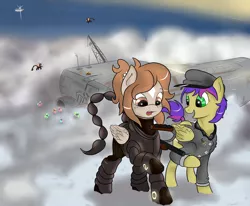 Size: 4000x3300 | Tagged: safe, artist:colgatefim, derpibooru import, oc, oc:sunset sherbet, unofficial characters only, pegasus, pony, fallout equestria, fanfic, armor, cloudship, enclave, enclave armor, enclave raptor, fallout, fanfic art, female, grand pegasus enclave, hat, hooves, mare, open mouth, power armor, powered exoskeleton, raptor battleship, wings