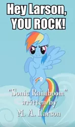 Size: 311x524 | Tagged: caption, derpibooru import, edit, edited screencap, image macro, m.a. larson, meme, rainbow dash, safe, screencap, shoutout, sonic rainboom (episode), text