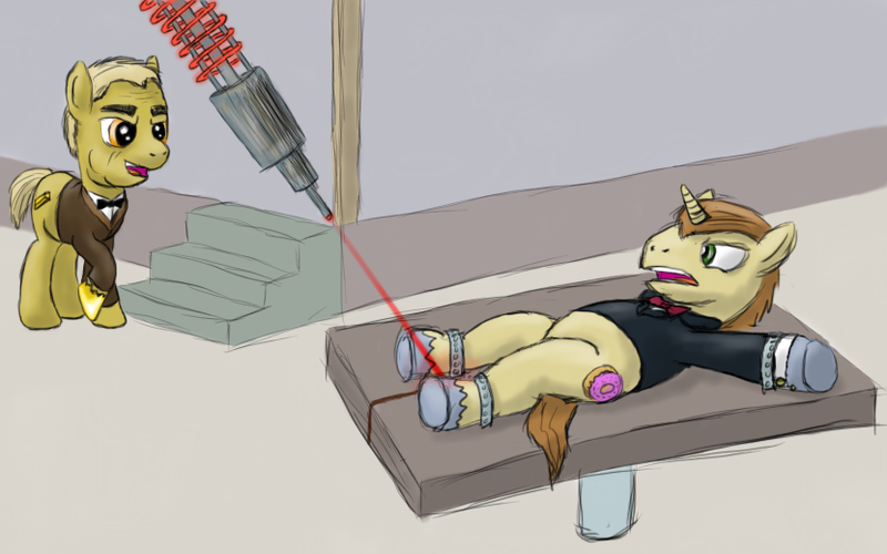 Size: 831x519 | Tagged: safe, artist:smallhacker, derpibooru import, con mane, donut joe, ponified, earth pony, pony, unicorn, auric goldfinger, donut, food, goldfinger, james bond, laser, male, movie reference, parody, peril, stallion, tied down, unshorn fetlocks