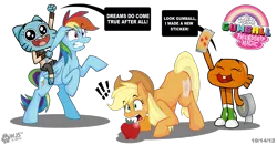 Size: 1859x976 | Tagged: safe, artist:wolfjedisamuel, derpibooru import, applejack, rainbow dash, earth pony, pegasus, pony, apple, crossover, cutie mark, darwin watterson, duct tape, face down ass up, female, gumball watterson, literal butthurt, mare, pain, riding, simple background, the amazing world of gumball, transparent background