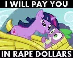 Size: 251x200 | Tagged: artifact, caption, derpibooru import, edit, edited screencap, image macro, imminent rape, implied rape, rape dollars, rape joke, screencap, semi-grimdark, spike, suggestive, twilight sparkle, vulgar