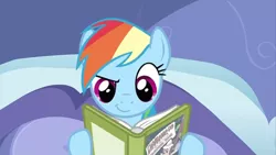 Size: 640x360 | Tagged: book, derpibooru import, rainbow dash, reading, read it and weep, safe, screencap