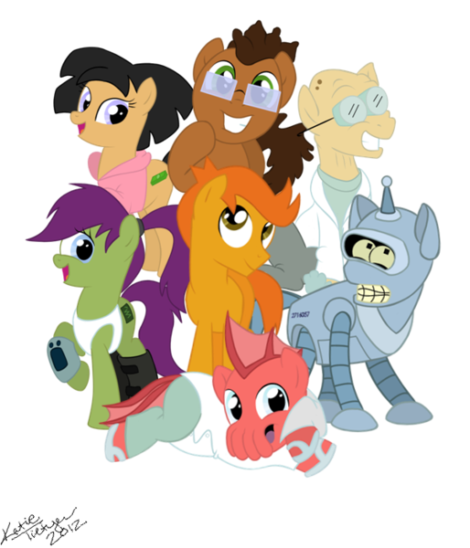 Size: 600x700 | Tagged: amy wong, artist:chameron, bender bending rodriguez, derpibooru import, futurama, hermes conrad, leela, philip j. fry, ponified, professor farnsworth, safe, simple background, transparent background, zoidberg